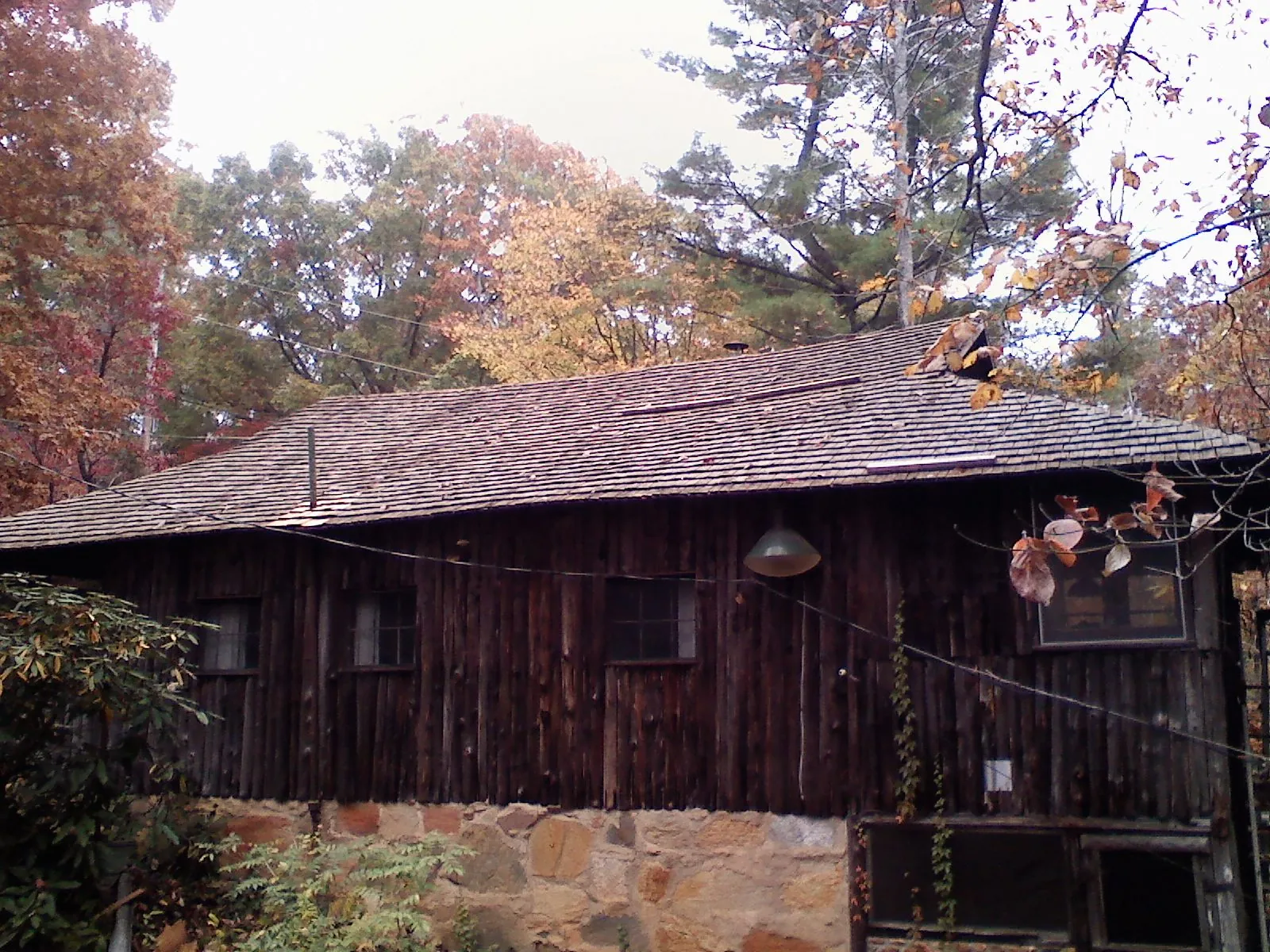 Weathered wood shake roof on a rustic board sided cabin in Anaheim